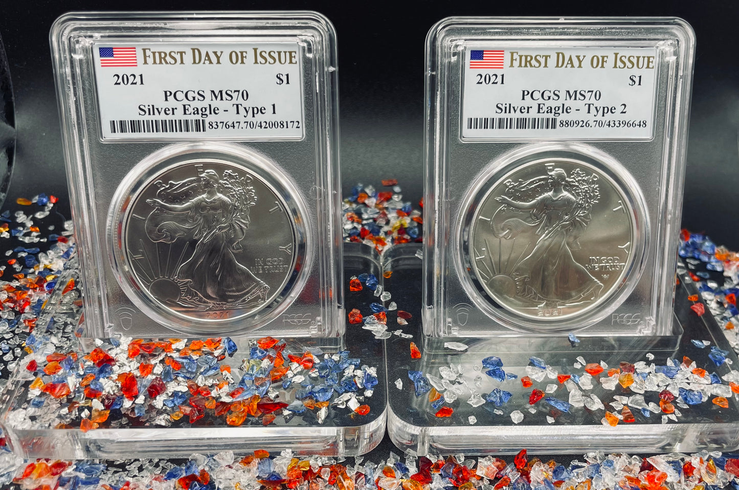 2021 $1 American Silver Eagle (2 Coin Set) PCGS MS70 First Day of Issue Type 1 & Type 2