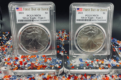2021 $1 American Silver Eagle (2 Coin Set) PCGS MS70 First Day of Issue Type 1 & Type 2