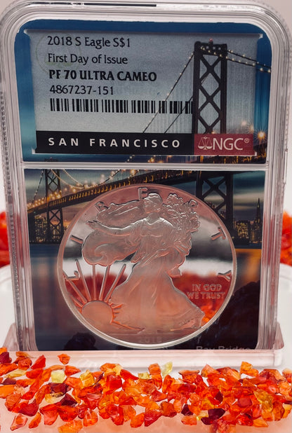 Proof 2018 (S) $1 American Silver Eagle NGC PF70 Golden Gate Bridge Holder (1 of 6,595)
