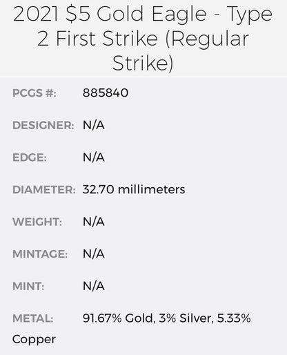 2021 $5 American Gold Eagle (2 Coin Set) PCGS MS70 First Strike Flag Type 1 and Type 2