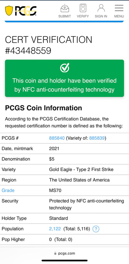 2021 $5 American Gold Eagle (2 Coin Set) PCGS MS70 First Strike Flag Type 1 and Type 2