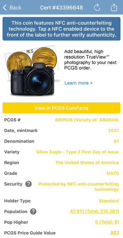 2021 $1 American Silver Eagle (2 Coin Set) PCGS MS70 First Day of Issue Type 1 & Type 2