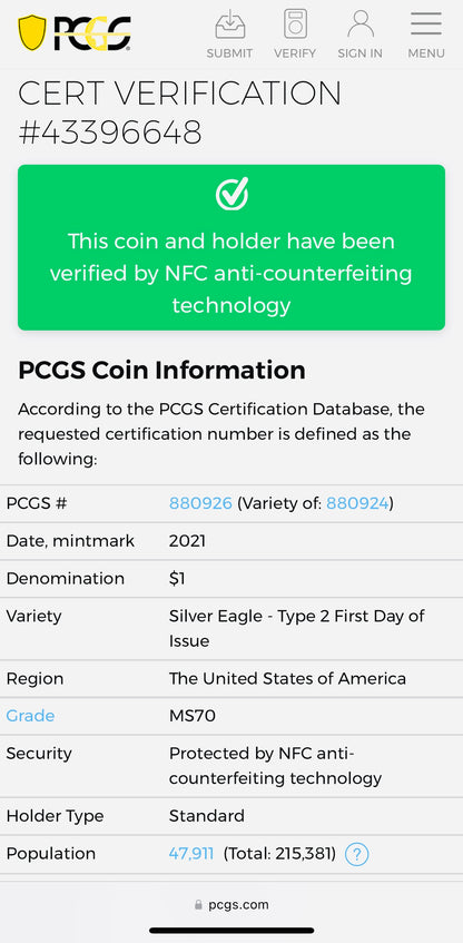 2021 $1 American Silver Eagle (2 Coin Set) PCGS MS70 First Day of Issue Type 1 & Type 2