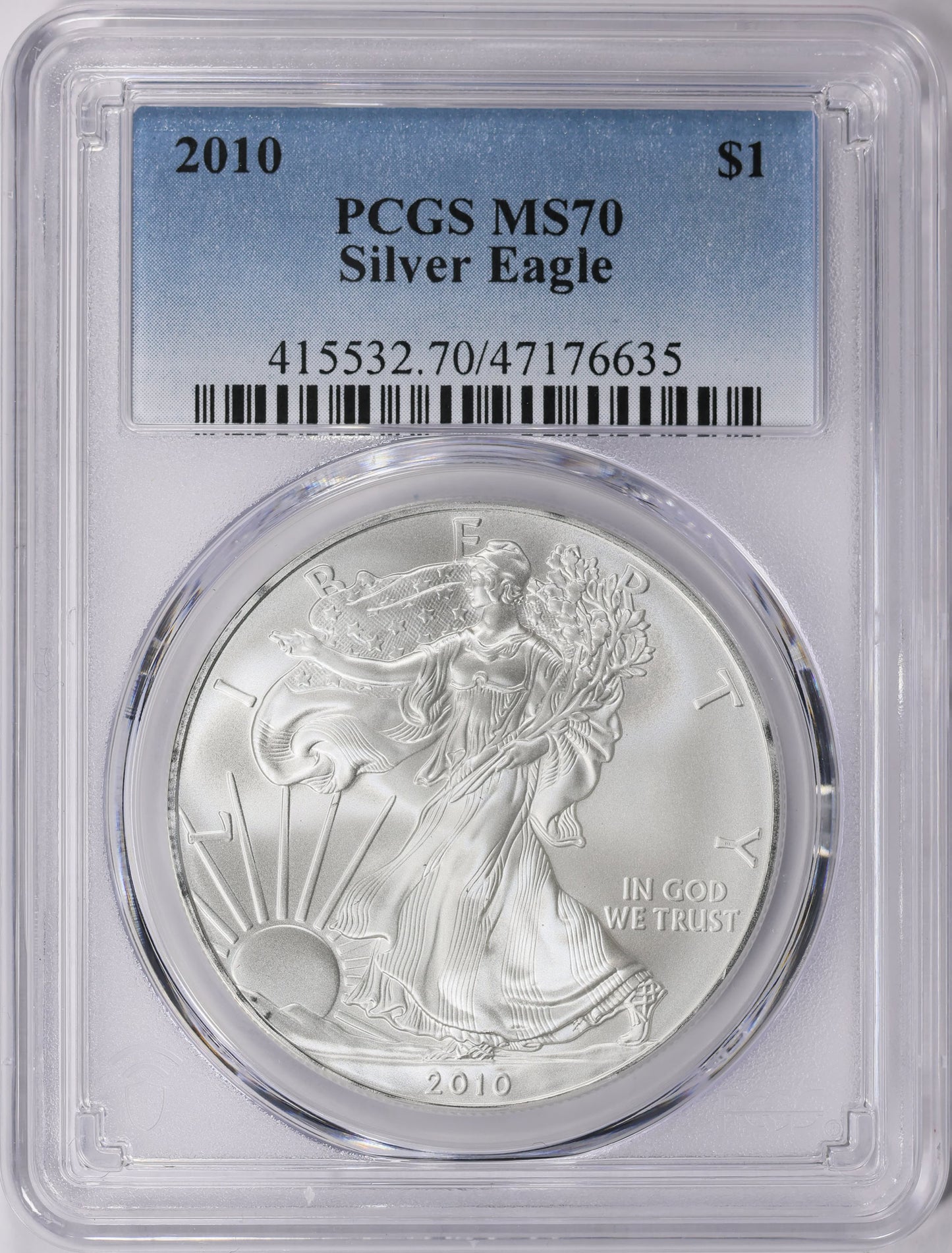 2010 Philadelphia $1 American Silver Eagle PCGS MS70 Business Strike Blue Label