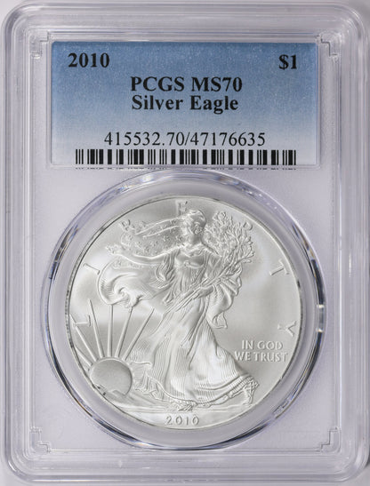 2010 Philadelphia $1 American Silver Eagle PCGS MS70 Business Strike Blue Label