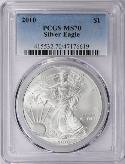 2010 Philadelphia $1 American Silver Eagle PCGS MS70 Business Strike Blue Label