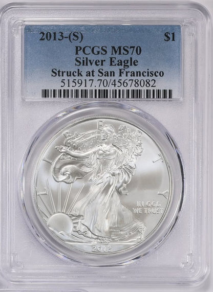 2013 (S) $1 American Silver Eagle PCGS MS70 Business Strike Blue Label (1 of 30,595)