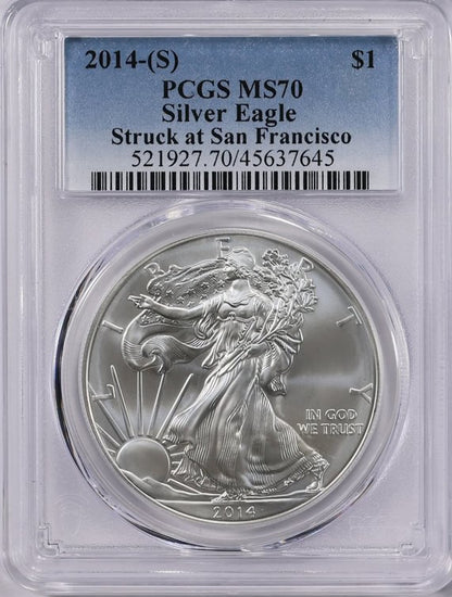 2014 (S) $1 American Silver Eagle PCGS MS70 Business Strike Blue Label Mint Condition (1 of 18,995)