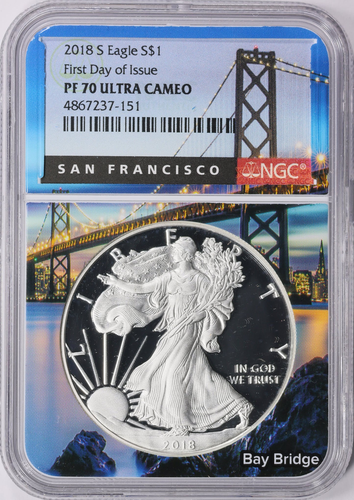 Proof 2018 (S) $1 American Silver Eagle NGC PF70 Golden Gate Bridge Holder (1 of 6,595)