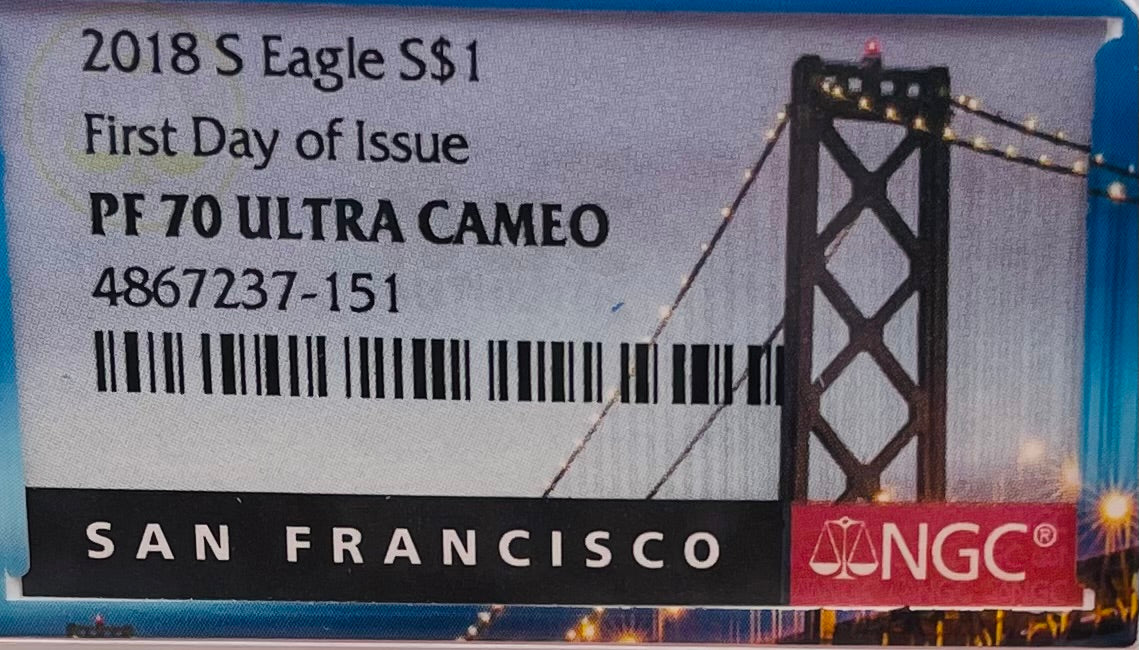 Proof 2018 (S) $1 American Silver Eagle NGC PF70 Golden Gate Bridge Holder (1 of 6,595)