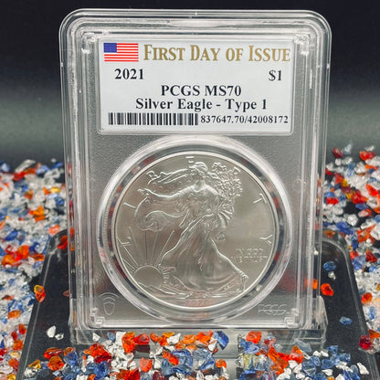2021 $1 American Silver Eagle (2 Coin Set) PCGS MS70 First Day of Issue Type 1 & Type 2