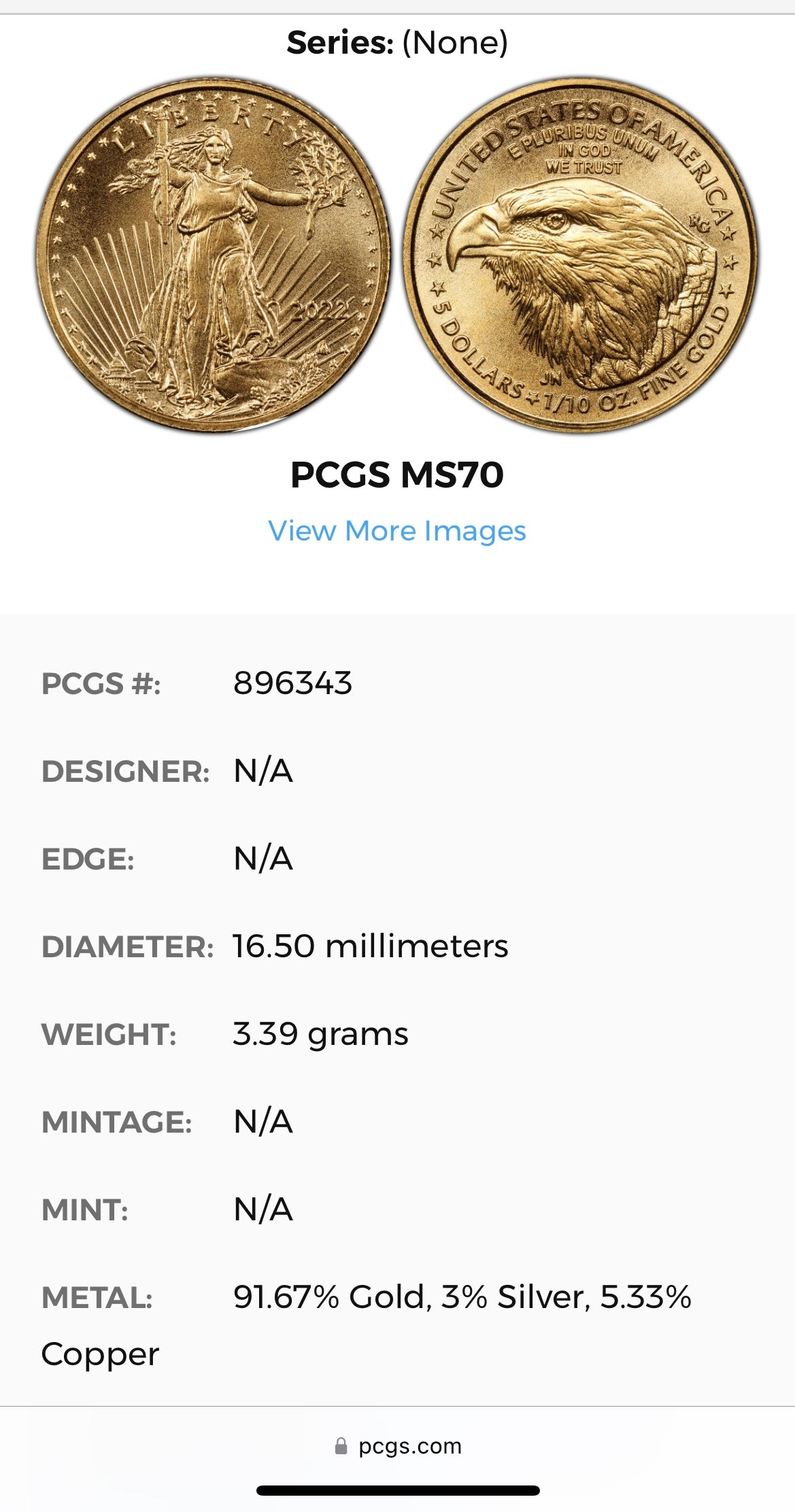 2022 $5 American Gold Eagle PCGS MS70 First Strike Flag Label (Rare 1 of 1,761)