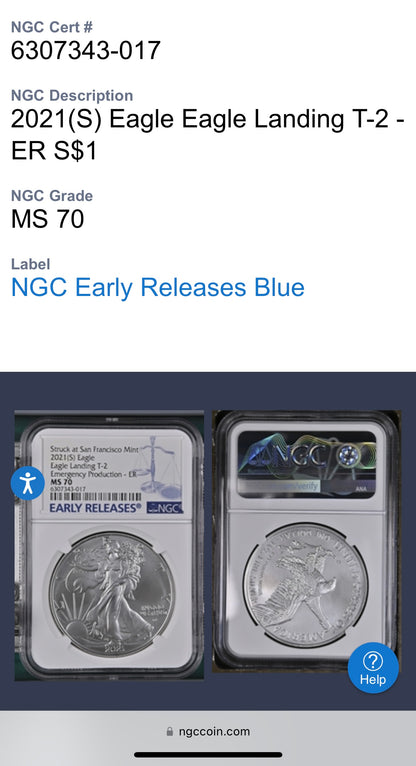 2021 (S) $1 American Silver Eagle NGC MS70 ER Emergency Issue Blue Label Mint Condition (Rare 1 of 2,201)