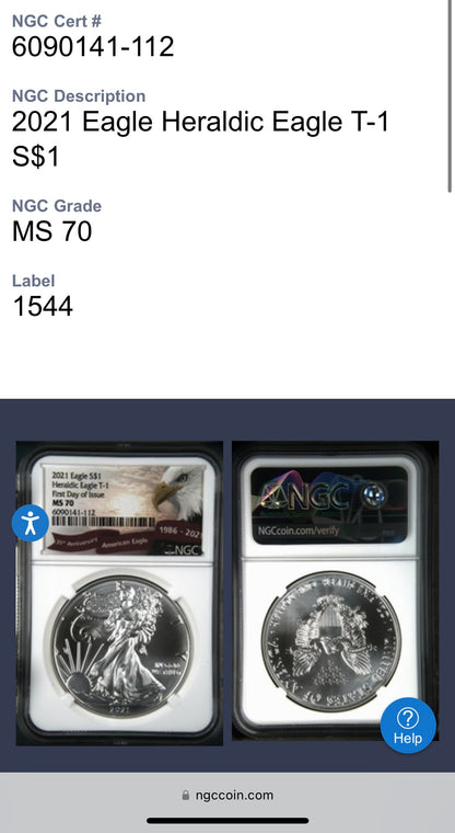 2021 $1 American Silver Eagle NGC MS70 Type 1 First Day of Issue Eagle Label Mint Condition (1 of 38,508)