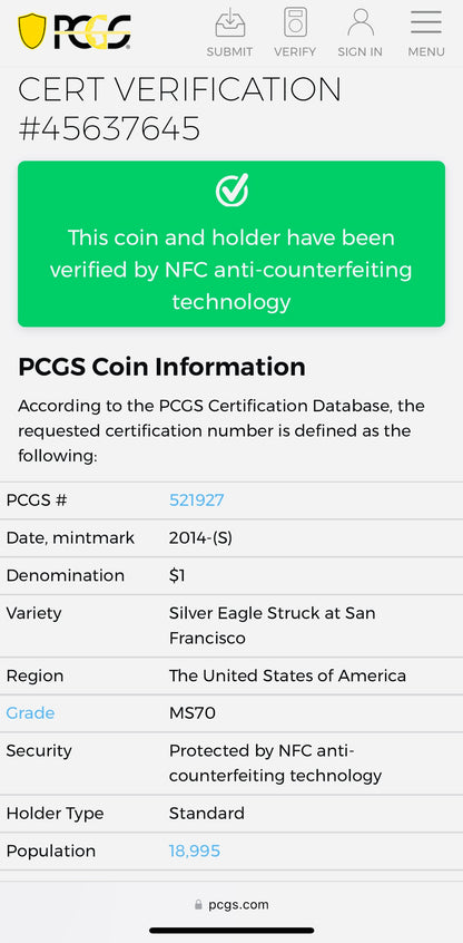 2014 (S) $1 American Silver Eagle PCGS MS70 Business Strike Blue Label Mint Condition (1 of 18,995)