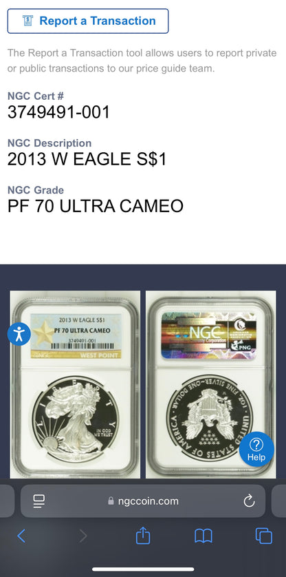 Proof 2013 (W) $1 American Silver Eagle NGC PF70 West Point Gold Star Label New Holder (1 of 8,788)