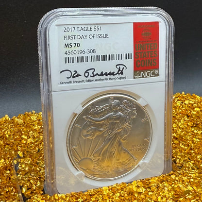 2017 $1 American Silver Eagle NGC MS70 FDOI Kenneth Bressett Signed Red Gold Label Mint Condition (1 of 251)