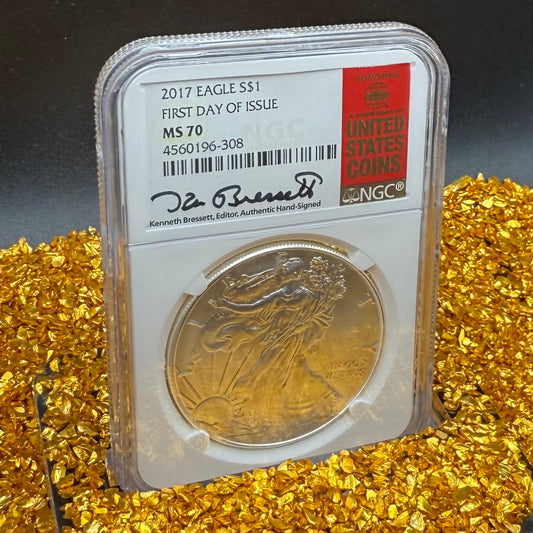 2017 $1 American Silver Eagle NGC MS70 FDOI Kenneth Bressett Signed Red Gold Label Mint Condition (1 of 251)