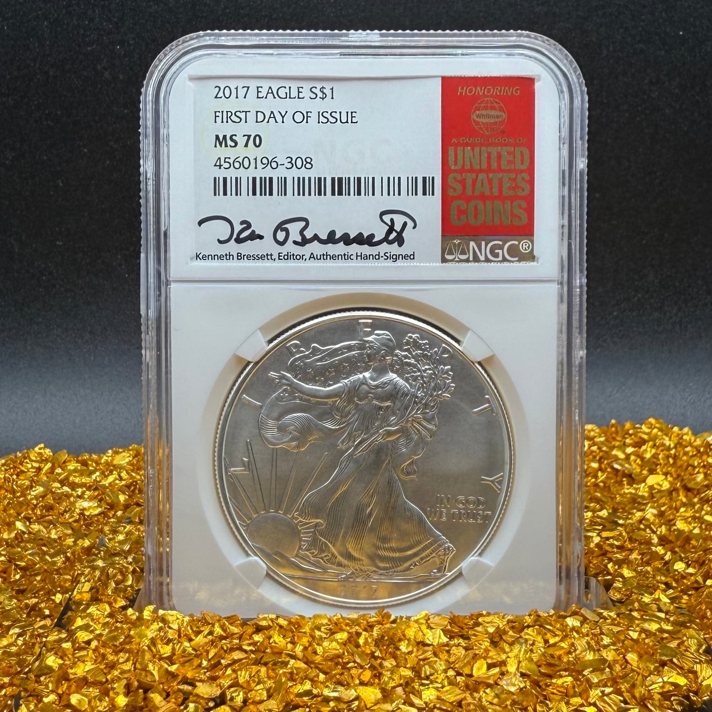 2017 $1 American Silver Eagle NGC MS70 FDOI Kenneth Bressett Signed Red Gold Label Mint Condition (1 of 251)