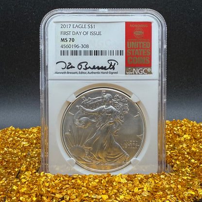 2017 $1 American Silver Eagle NGC MS70 FDOI Kenneth Bressett Signed Red Gold Label Mint Condition (1 of 251)