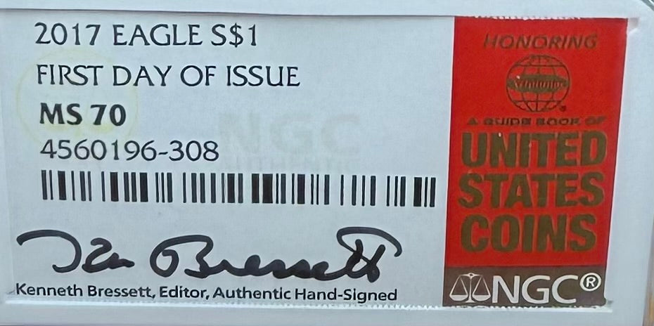2017 $1 American Silver Eagle NGC MS70 FDOI Kenneth Bressett Signed Red Gold Label Mint Condition (1 of 251)