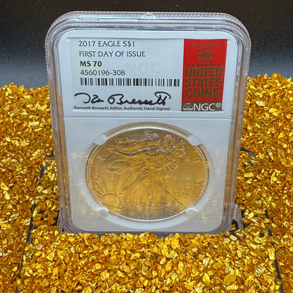 2017 $1 American Silver Eagle NGC MS70 FDOI Kenneth Bressett Signed Red Gold Label Mint Condition (1 of 251)