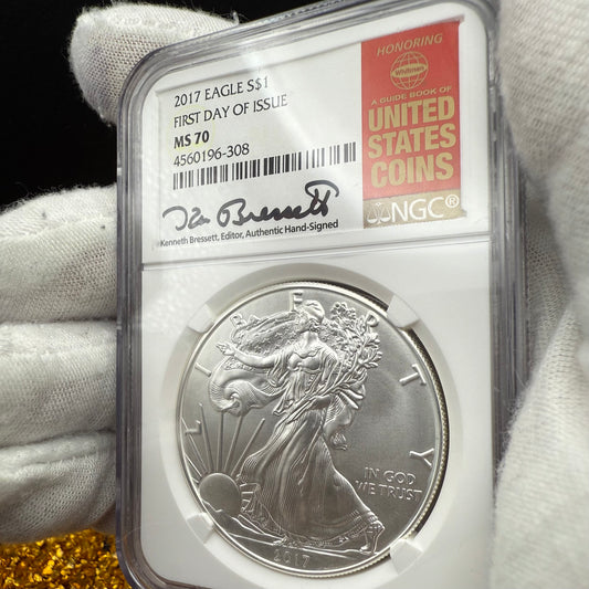 2017 $1 American Silver Eagle NGC MS70 FDOI Kenneth Bressett Signed Red Gold Label Mint Condition (1 of 251)