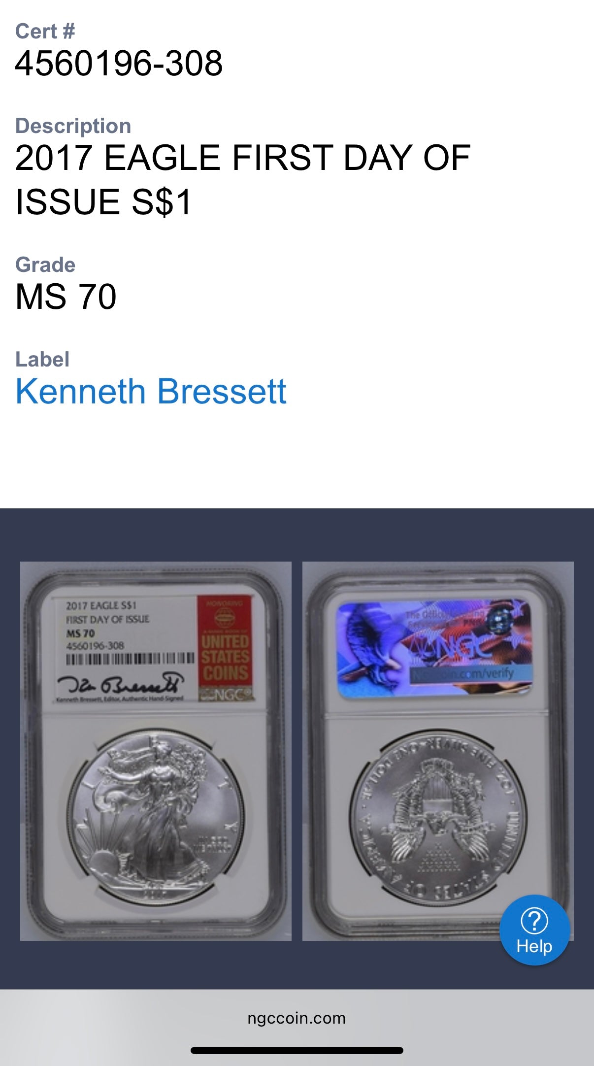 2017 $1 American Silver Eagle NGC MS70 FDOI Kenneth Bressett Signed Red Gold Label Mint Condition (1 of 251)