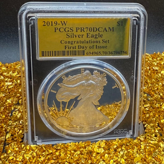 Proof 2019 (W) $1 American Silver Eagle PCGS PR70DCAM FDOI Congratulations Set Gold Foil Label (1 of 1,082)