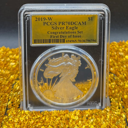 Proof 2019 (W) $1 American Silver Eagle PCGS PR70DCAM FDOI Congratulations Set Gold Foil Label (1 of 1,082)