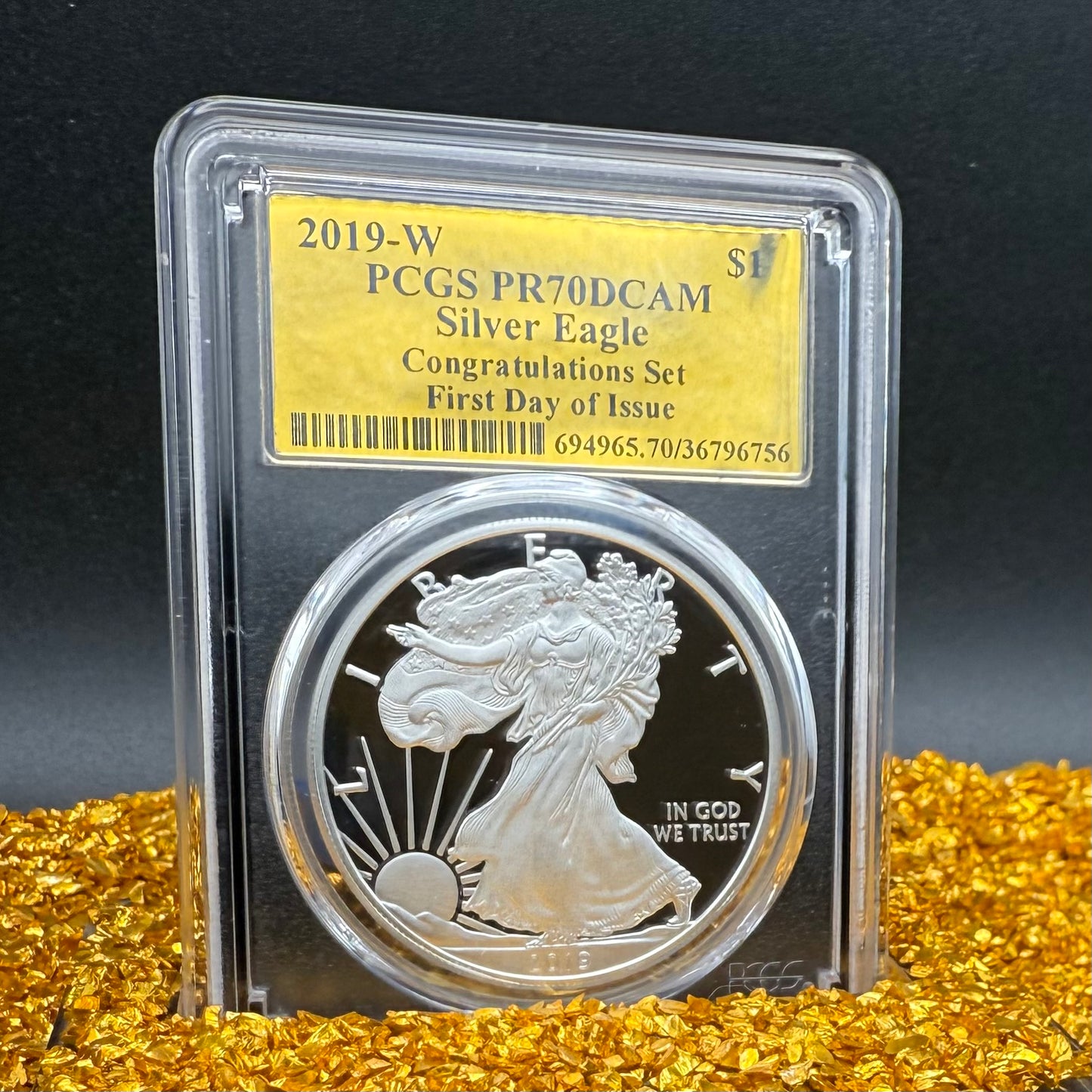 Proof 2019 (W) $1 American Silver Eagle PCGS PR70DCAM FDOI Congratulations Set Gold Foil Label (1 of 1,082)