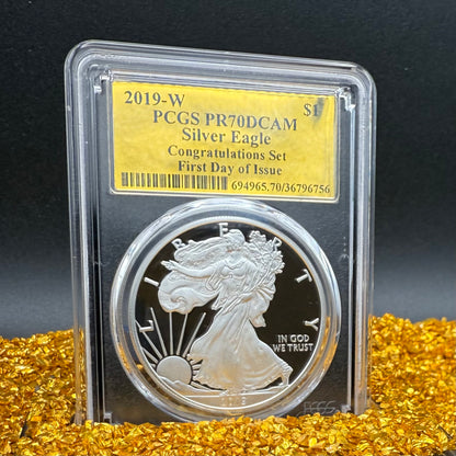 Proof 2019 (W) $1 American Silver Eagle PCGS PR70DCAM FDOI Congratulations Set Gold Foil Label (1 of 1,082)