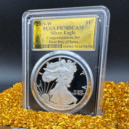 Proof 2019 (W) $1 American Silver Eagle PCGS PR70DCAM FDOI Congratulations Set Gold Foil Label (1 of 1,082)