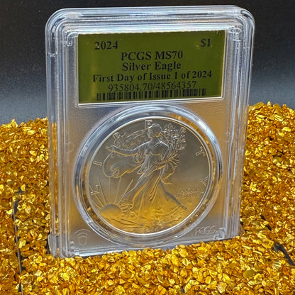 2024 $1 (W) American Silver Eagle PCGS MS70 First Day of Issue Gold Foil Label Mint Condition (Rare 1 of 2,024)