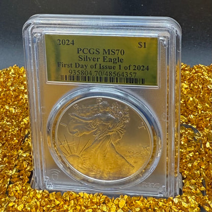2024 $1 (W) American Silver Eagle PCGS MS70 First Day of Issue Gold Foil Label Mint Condition (Rare 1 of 2,024)