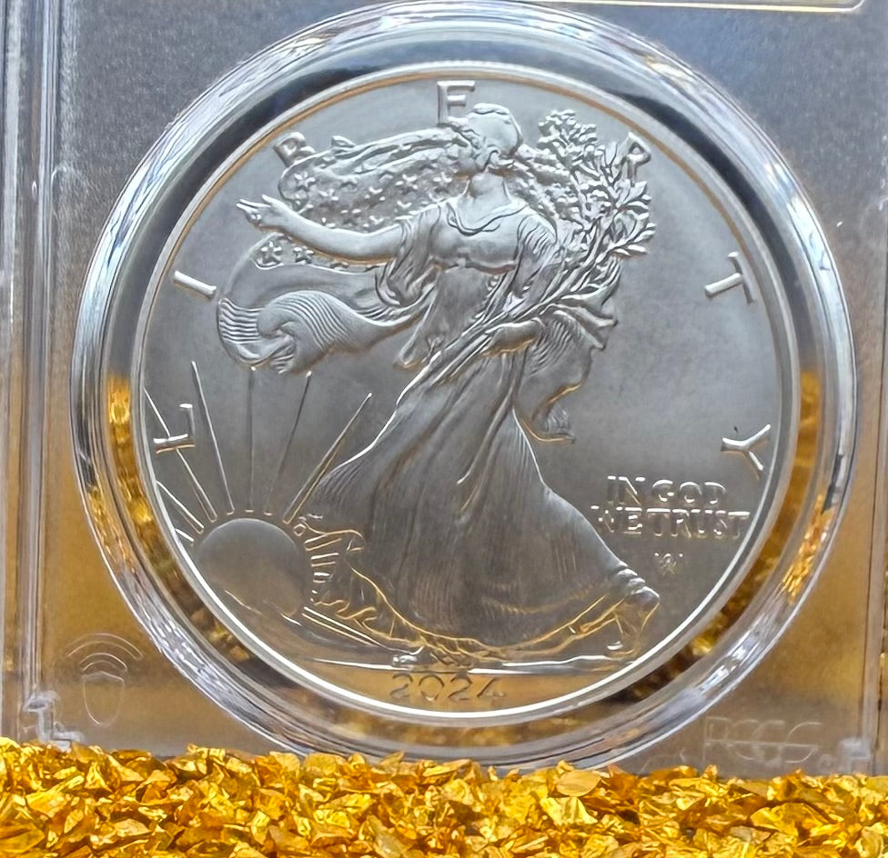 2024 $1 (W) American Silver Eagle PCGS MS70 First Day of Issue Gold Foil Label Mint Condition (Rare 1 of 2,024)