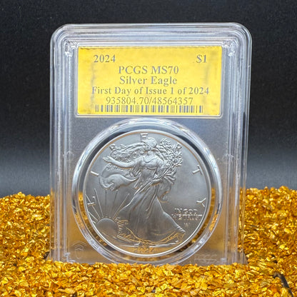 2024 $1 (W) American Silver Eagle PCGS MS70 First Day of Issue Gold Foil Label Mint Condition (Rare 1 of 2,024)