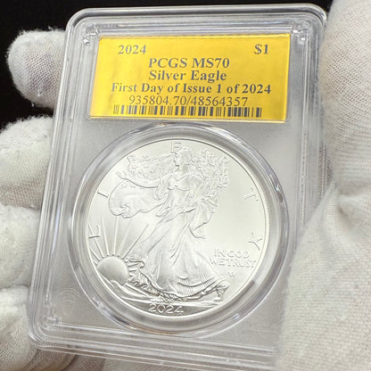 2024 $1 (W) American Silver Eagle PCGS MS70 First Day of Issue Gold Foil Label Mint Condition (Rare 1 of 2,024)
