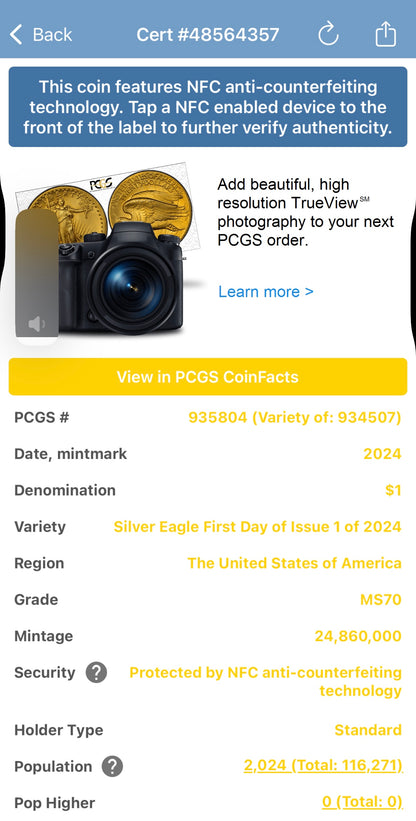 2024 $1 (W) American Silver Eagle PCGS MS70 First Day of Issue Gold Foil Label Mint Condition (Rare 1 of 2,024)