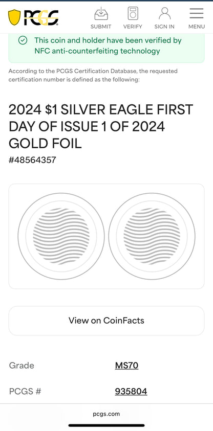 2024 $1 (W) American Silver Eagle PCGS MS70 First Day of Issue Gold Foil Label Mint Condition (Rare 1 of 2,024)