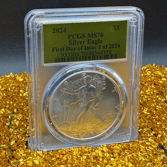 2024 $1 (W) American Silver Eagle PCGS MS70 First Day of Issue Gold Foil Label Mint Condition (Rare 1 of 2,024)