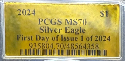 2024 $1 (W) American Silver Eagle PCGS MS70 First Day of Issue Gold Foil Label Mint Condition (Rare 1 of 2,024)