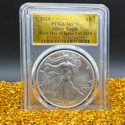 2024 $1 (W) American Silver Eagle PCGS MS70 First Day of Issue Gold Foil Label Mint Condition (Rare 1 of 2,024)