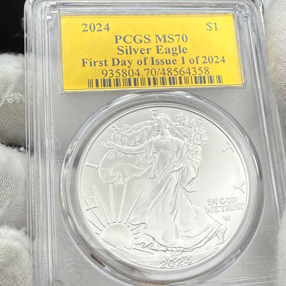 2024 $1 (W) American Silver Eagle PCGS MS70 First Day of Issue Gold Foil Label Mint Condition (Rare 1 of 2,024)