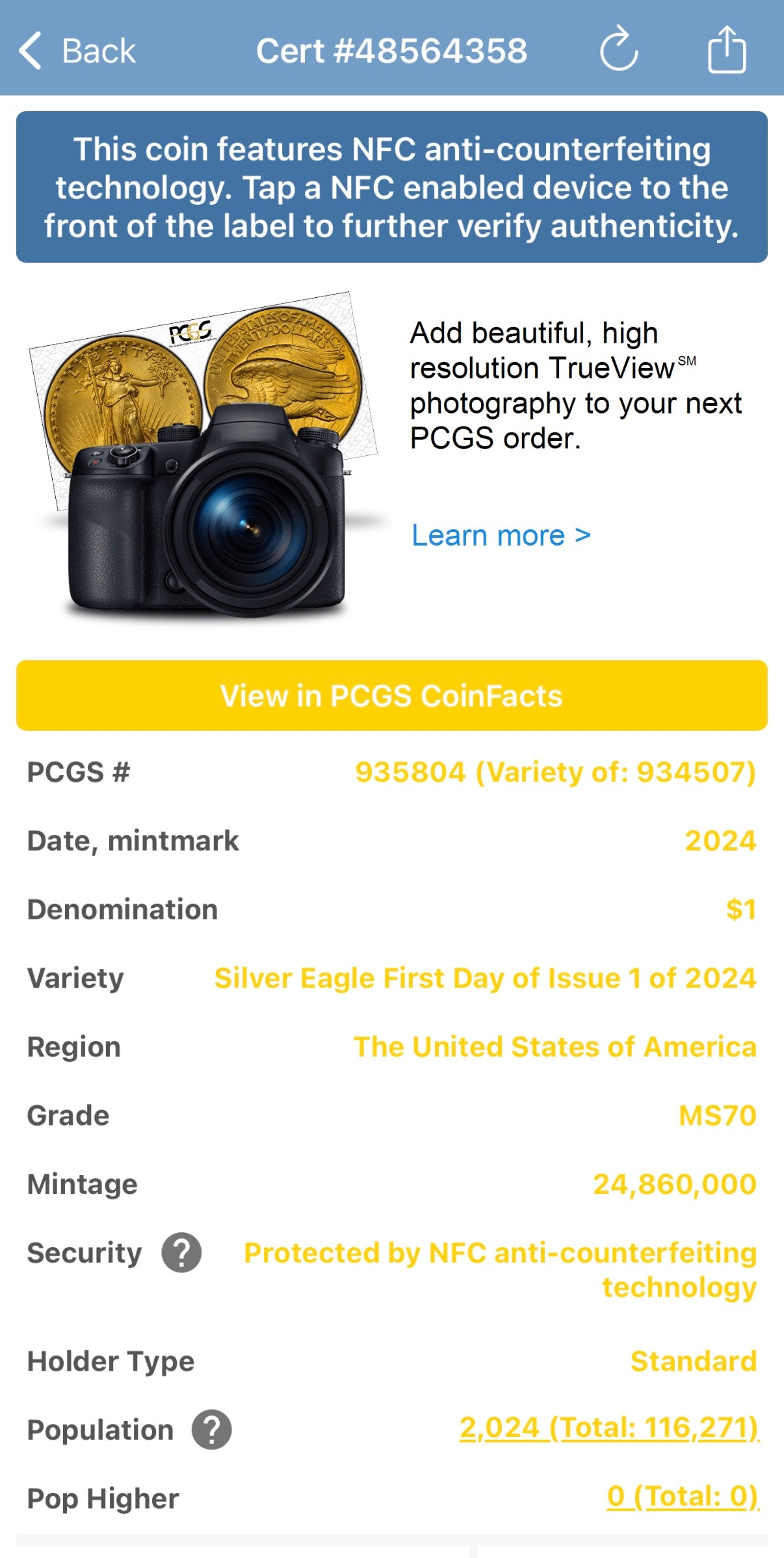 2024 $1 (W) American Silver Eagle PCGS MS70 First Day of Issue Gold Foil Label Mint Condition (Rare 1 of 2,024)