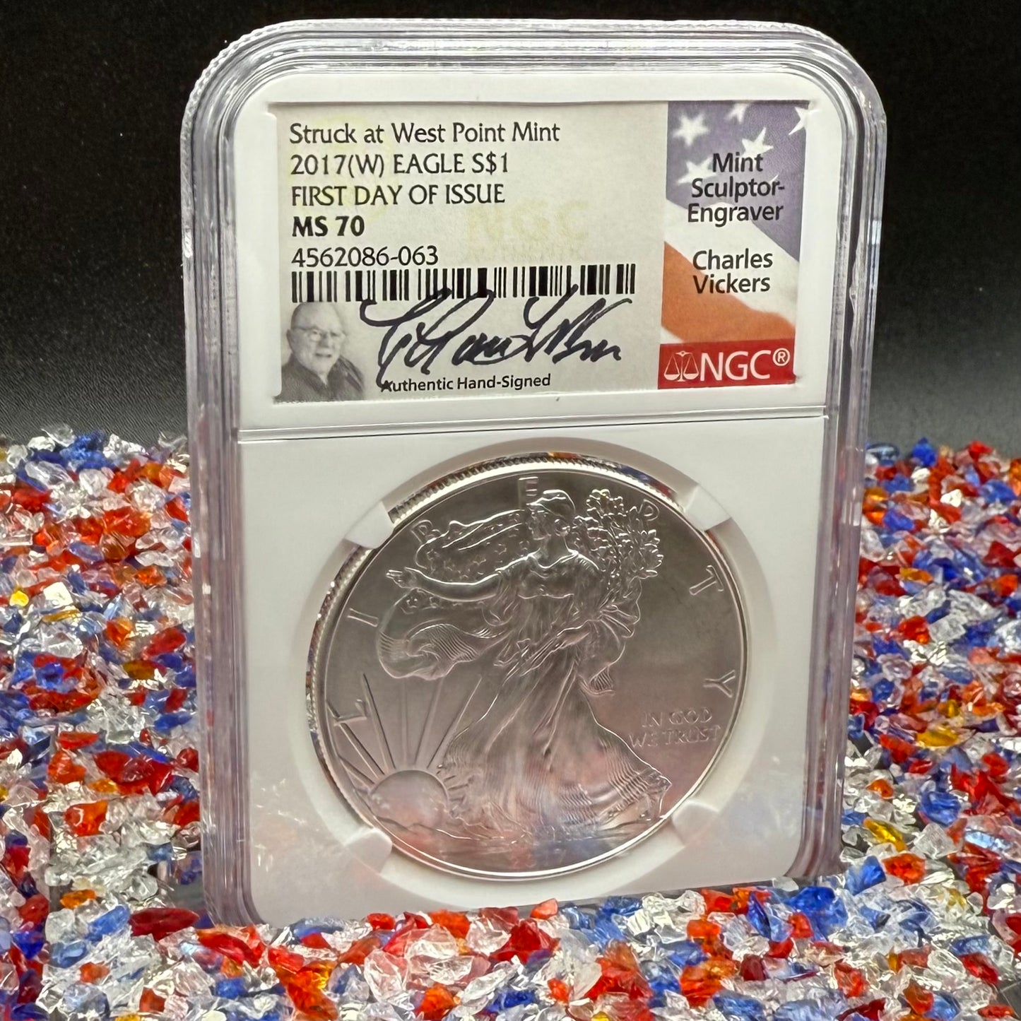 2017 $1 American Silver Eagle NGC MS70 FDOI Charles Vickers Signed Flag Label Mint Condition (1 of 100)