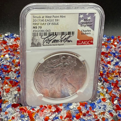2017 $1 American Silver Eagle NGC MS70 FDOI Charles Vickers Signed Flag Label Mint Condition (1 of 100)