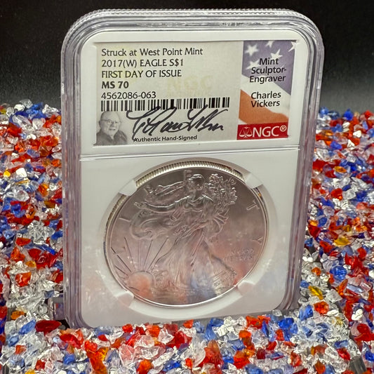 2017 $1 American Silver Eagle NGC MS70 FDOI Charles Vickers Signed Flag Label Mint Condition (1 of 100)