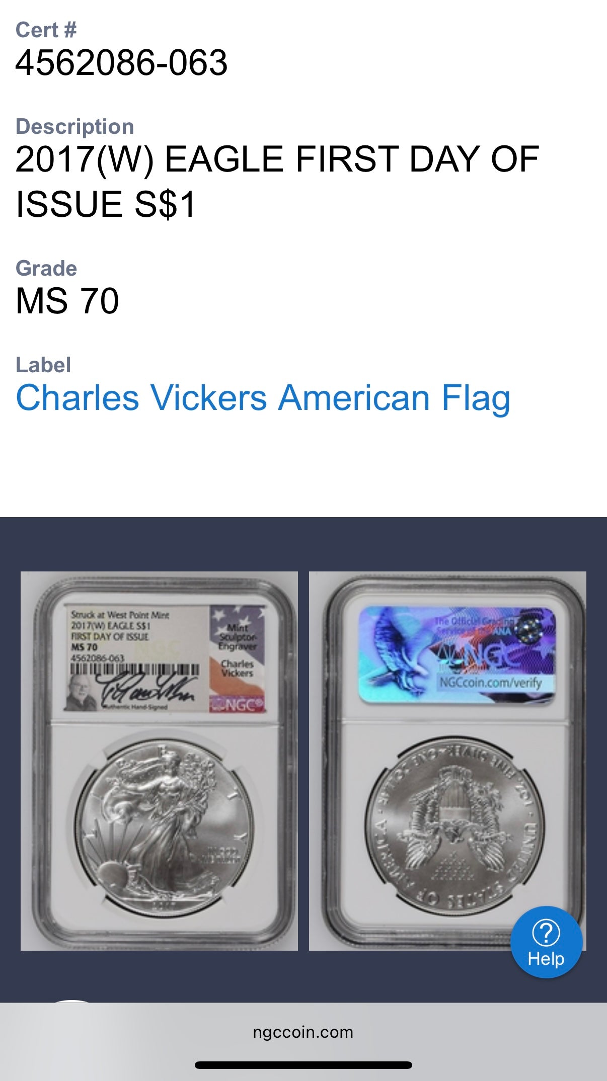 2017 $1 American Silver Eagle NGC MS70 FDOI Charles Vickers Signed Flag Label Mint Condition (1 of 100)