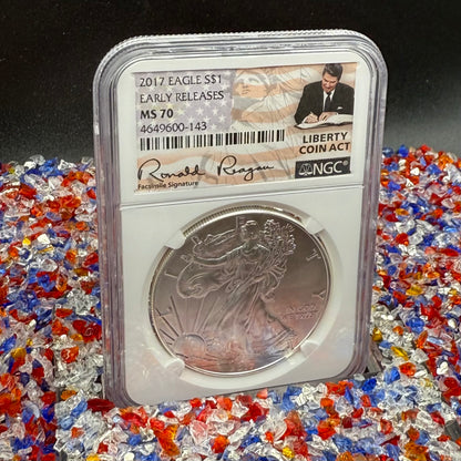 2017 $1 American Silver Eagle NGC MS70 Early Releases Liberty Coin Act Ronald Reagan Signature American Flag Mint Condition